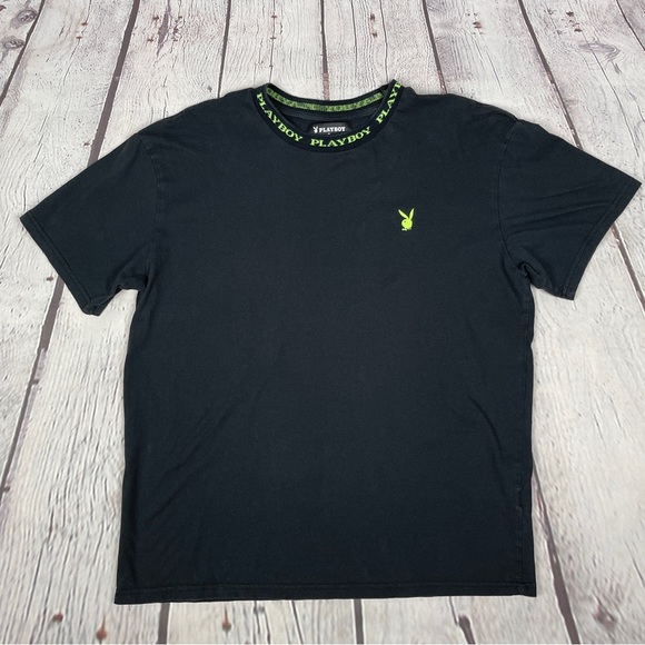 PLAYBOY by PACSUN black cotton t-shirt with neon green trim and logo, size L - Picture 6 of 12